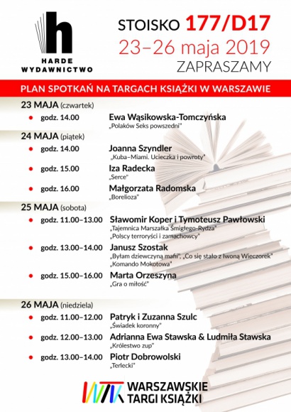 Wydawnictwo Harde zaprasza na Targi Książki Książka, LIFESTYLE - Wydawnictwo Harde zaprasza miłośników literatury na stoisko 177/D17. W czwartek 23 maja o godz. 14.00 odbędzie się spotkanie z Ewą Wąsikowską-Tomczyńską, autorką "Polaków seks powszedni".